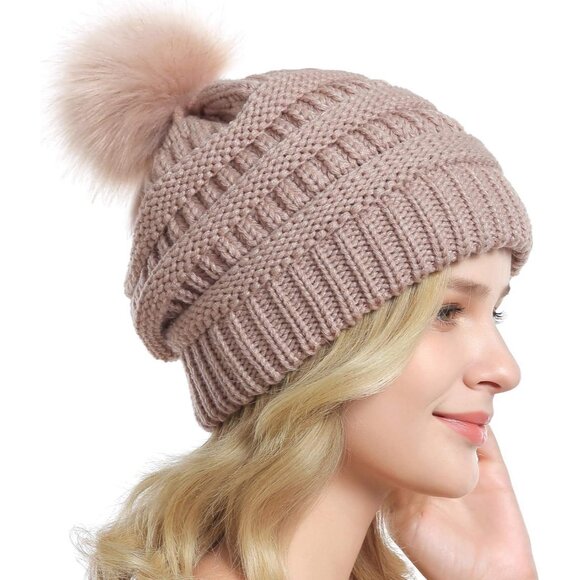 Women Rose Pink Soft Acrylic Thick Baggy Knit Winter Faux Fur Pompom Beanie - Picture 4 of 6